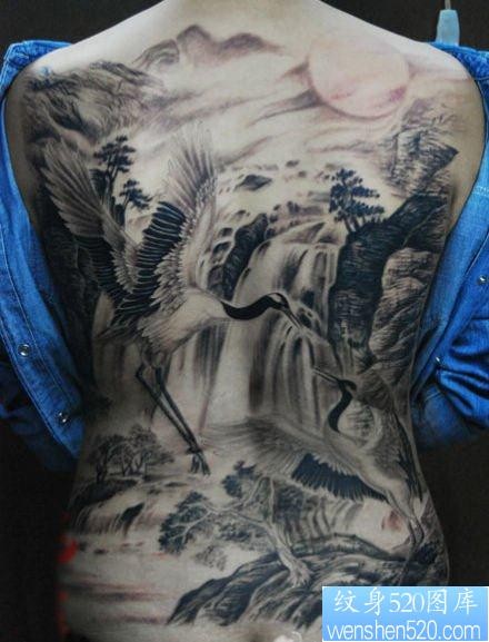 美女满背仙鹤白鹤纹身图片