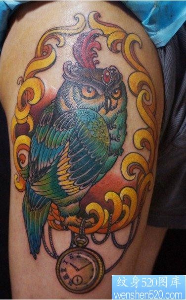 男生腿部经典好看的猫头鹰纹身图片