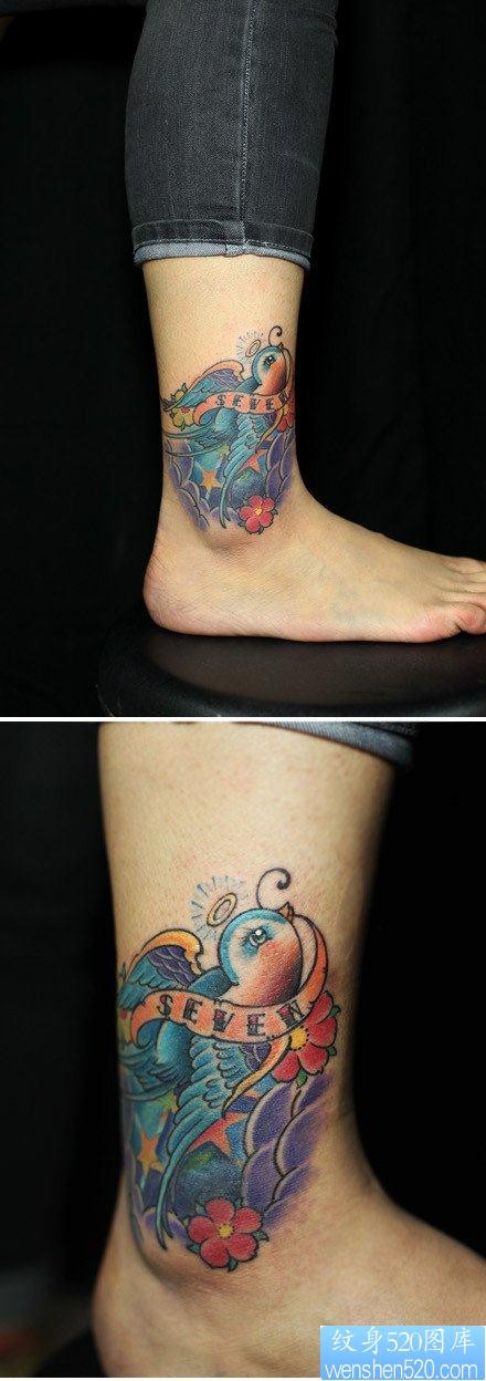 女人腿部好看的彩色燕子纹身图片