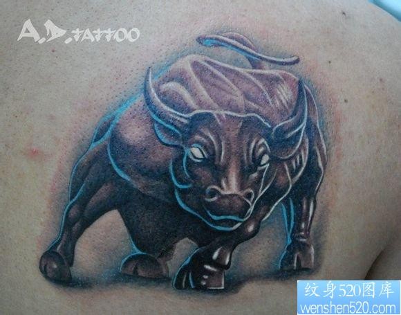 男生肩背超酷经典的一张公牛纹身图片