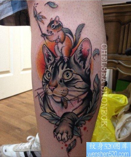 腿部经典前卫的猫咪与老鼠纹身图片