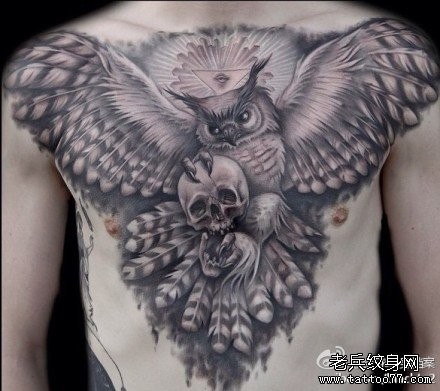 男生前胸超帅的黑白猫头鹰纹身图片
