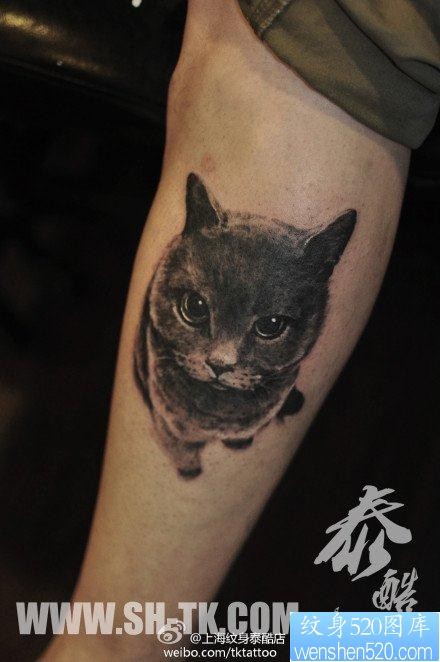 男性腿部经典的黑白猫咪纹身图片