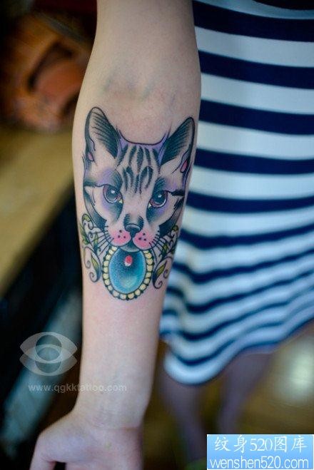 女人手臂前卫经典的school风格的猫咪纹身图片