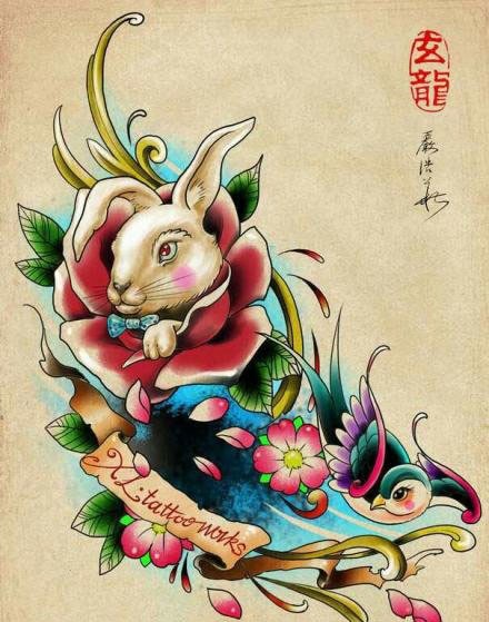 一组可爱前卫的小兔子纹身手稿