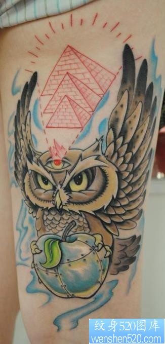 女人腿部一张超帅的猫头鹰纹身图片