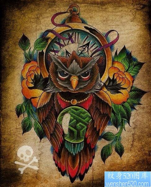 一张流行很酷的猫头鹰纹身手稿