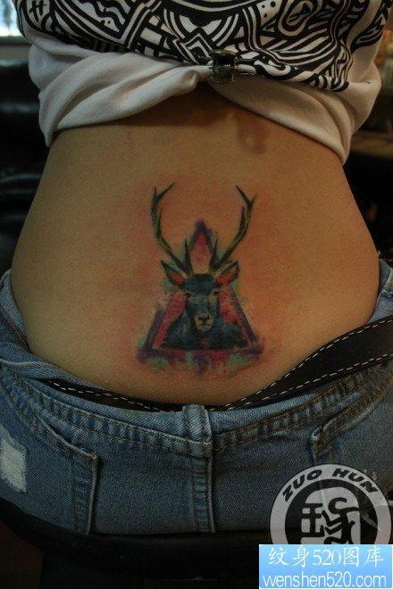 美女后腰流行前卫的彩色小鹿纹身图片