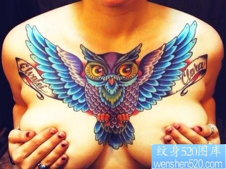 女人胸前精美很酷的猫头鹰纹身图片
