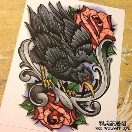 流行很酷的乌鸦纹身手稿
