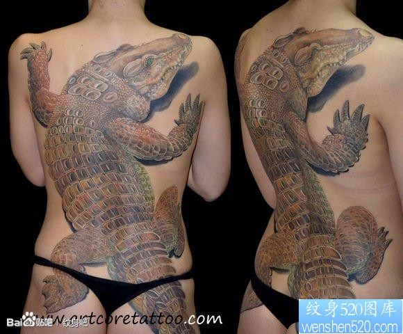 一张美女满背鳄鱼纹身图片