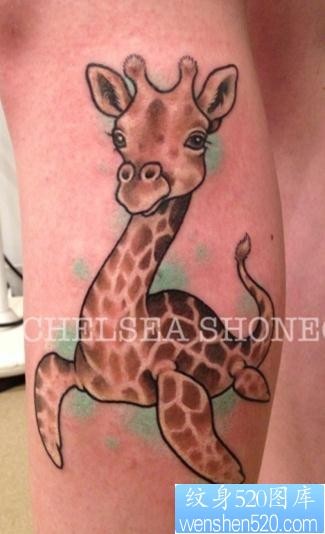 小腿上一张可爱长颈鹿纹身作品欣赏