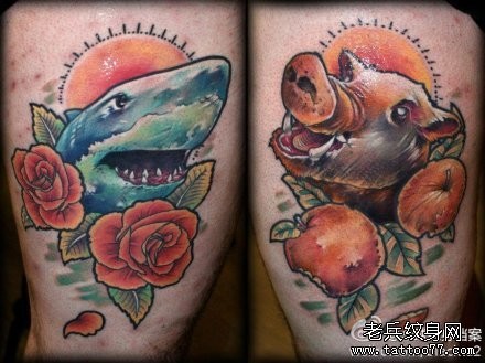 腿部前卫经典的鲨鱼野猪纹身图片