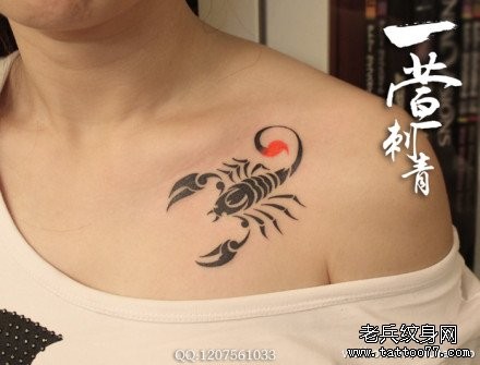 女人前胸经典前卫的图腾蝎子纹身图片