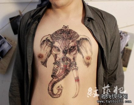 男性前胸凶狠前卫的象神纹身图片