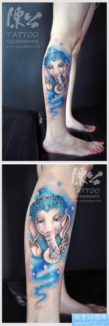 美女腿部漂亮唯美的象神纹身图片