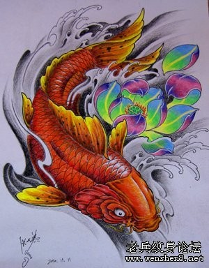 华丽的彩色鲤鱼莲花纹身图案