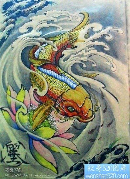 好看的彩色鲤鱼莲花纹身手稿