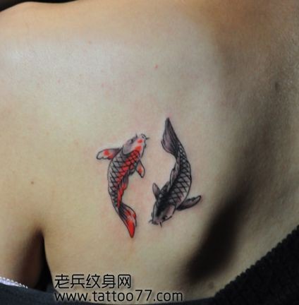 美女背部小巧的小鲤鱼纹身图片