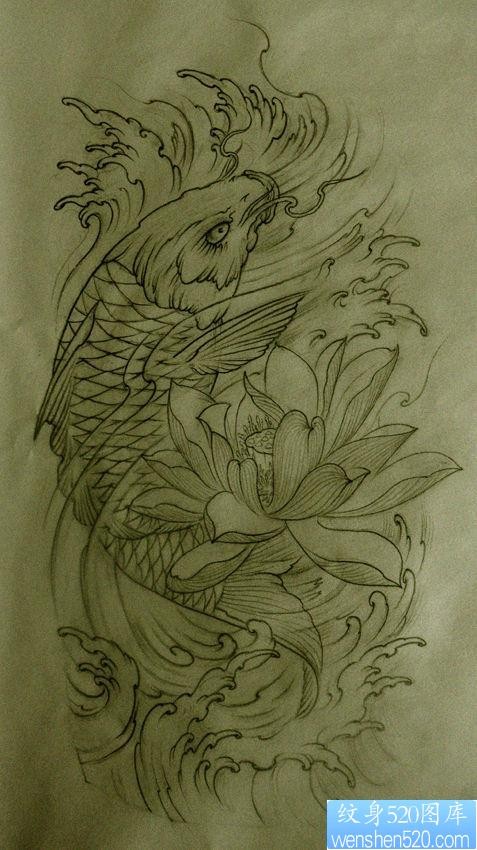一组经典实用的鲤鱼莲花纹身手稿