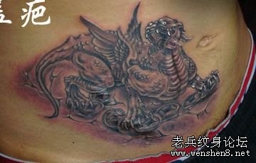 招财神兽纹身图片：腹部神兽貔貅纹身图案