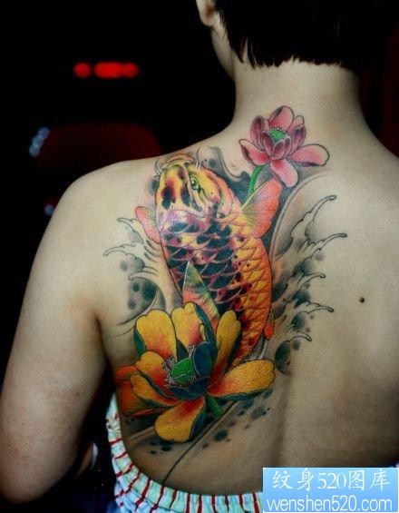 肩背艳丽的一张彩色鲤鱼莲花纹身图片