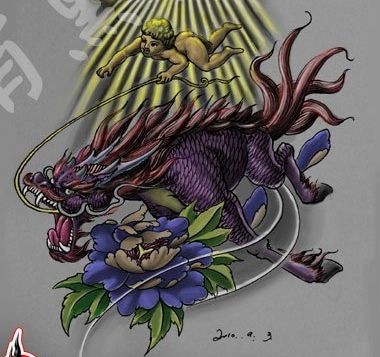 神兽纹身图片：神兽麒麟欧美丘比特纹身图案