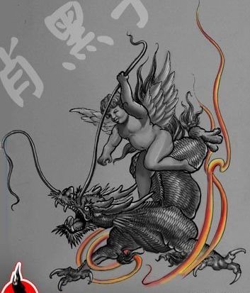 神兽纹身图片：中西结合神兽麒麟天使丘比特纹身图案