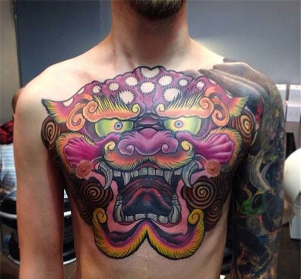 神兽纹身图片：半甲神兽彩色唐狮纹身图案