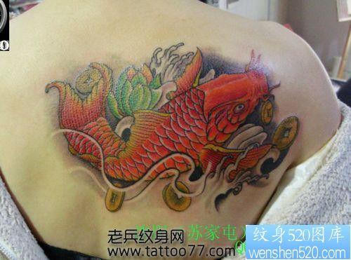 一张美女背部彩色鲤鱼纹身图片