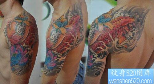 男生手臂到肩背好看的彩色鲤鱼纹身图片