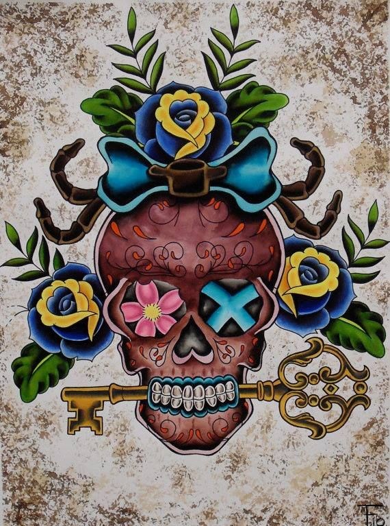 一款彩色的骷髅和花朵纹身图案