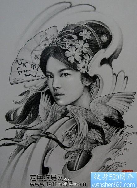 古典美女白鹤纹身图片