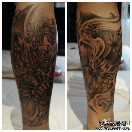 腿部一张韦驮菩萨与昙花纹身图片