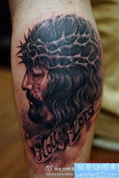 腿部经典超酷的耶稣头像纹身图片