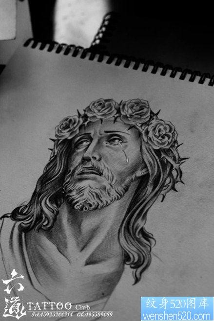 一张经典时尚的耶稣肖像纹身手稿