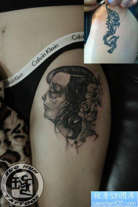 腿部前卫漂亮的亡灵装女郎纹身图片