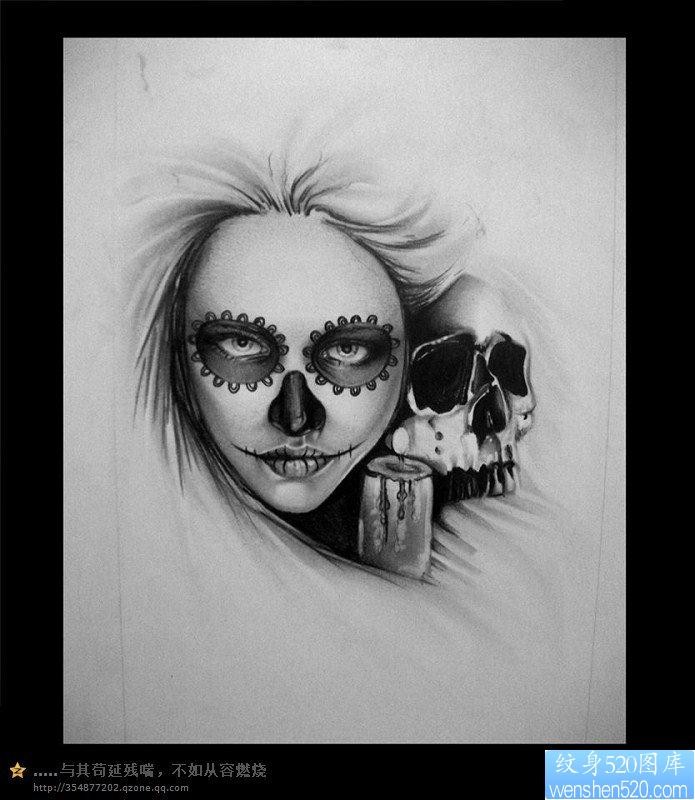 一款死亡女郎与骷髅的一张手稿纹身图片
