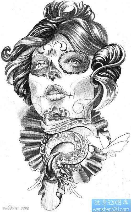 流行漂亮的一张亡灵装美女纹身手稿