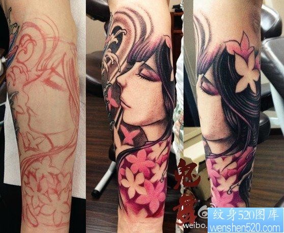 手臂漂亮的樱花美女纹身图片