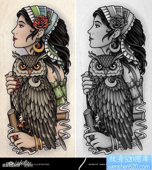 一张超酷漂亮的school美女与猫头鹰纹身图片