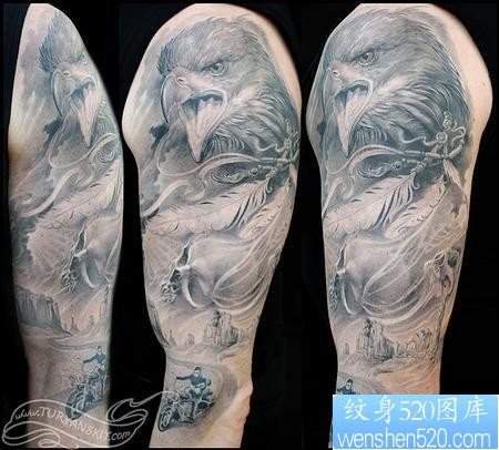 老鹰纹身图片：手臂老鹰羽毛纹身图案