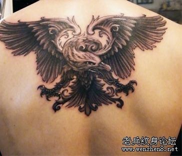 老鹰纹身图片：后背老鹰纹身图案