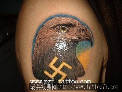 一张手臂彩色老鹰万字符纹身图案