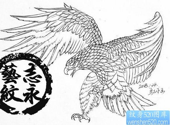 老鹰纹身图片：一张雄鹰展翅线稿纹身图案