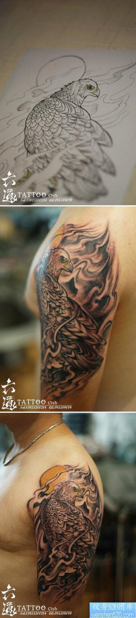 手臂流行很酷的一张黑白老鹰纹身图片