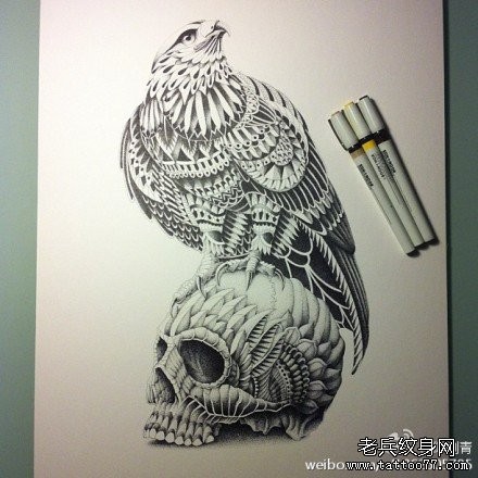 一张流行很帅的老鹰骷髅纹身手稿