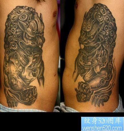 狮子纹身图片：腰部石狮子纹身图案