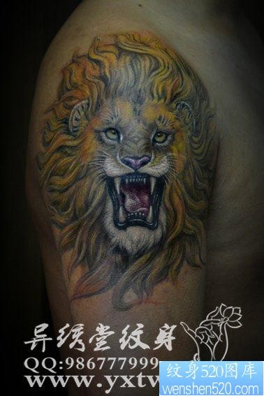 手臂超帅的彩色狮头纹身图片