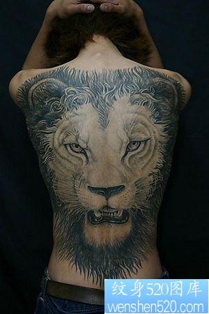 狮子纹身图片：满背狮子头纹身图案